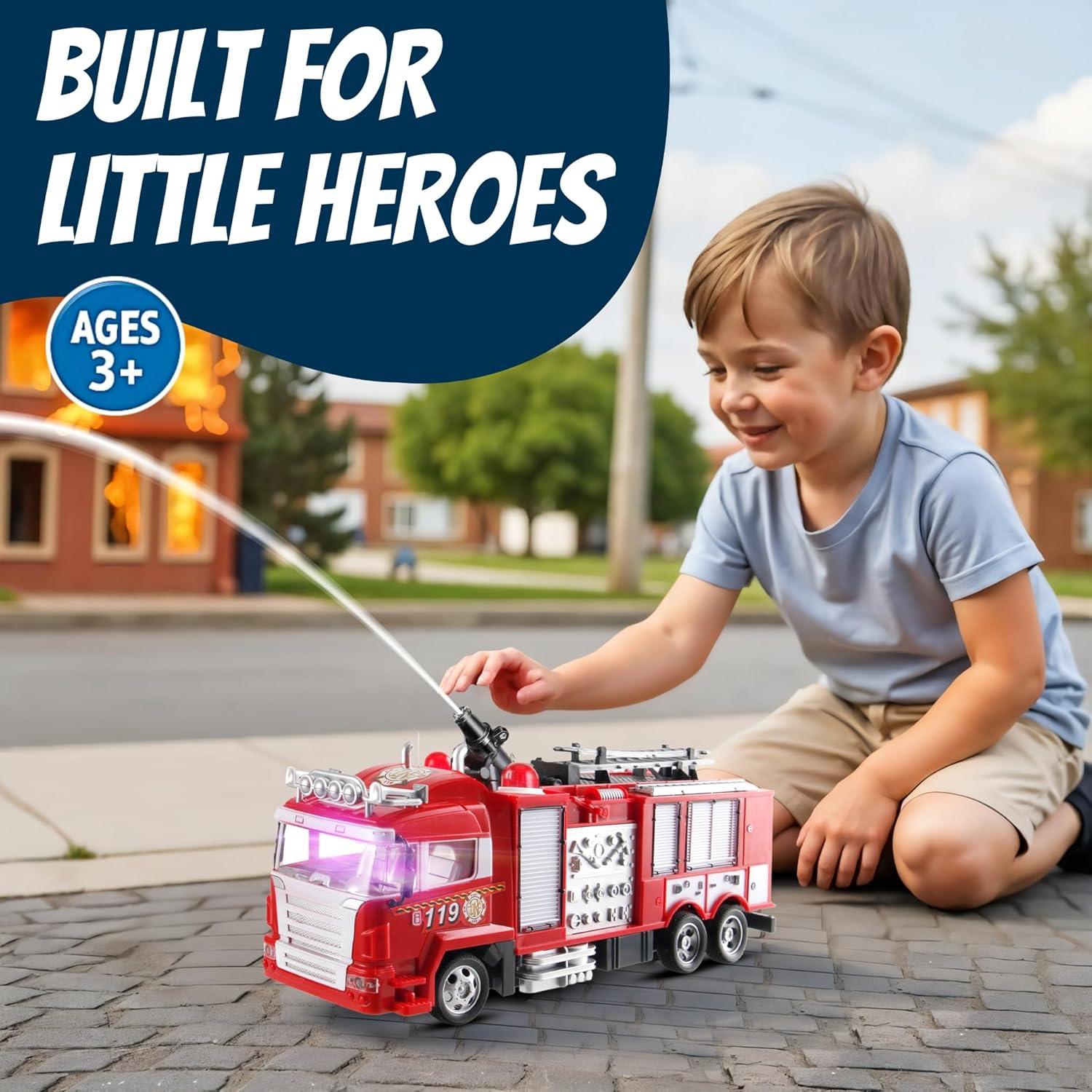 imageLiberty Imports RC Rescue Fire Engine Toy Truck Radio Control Electric RC Fire Truck with Lights Sound Working Water Cannon Pump Shoots and Squirts Water Toys for Kids