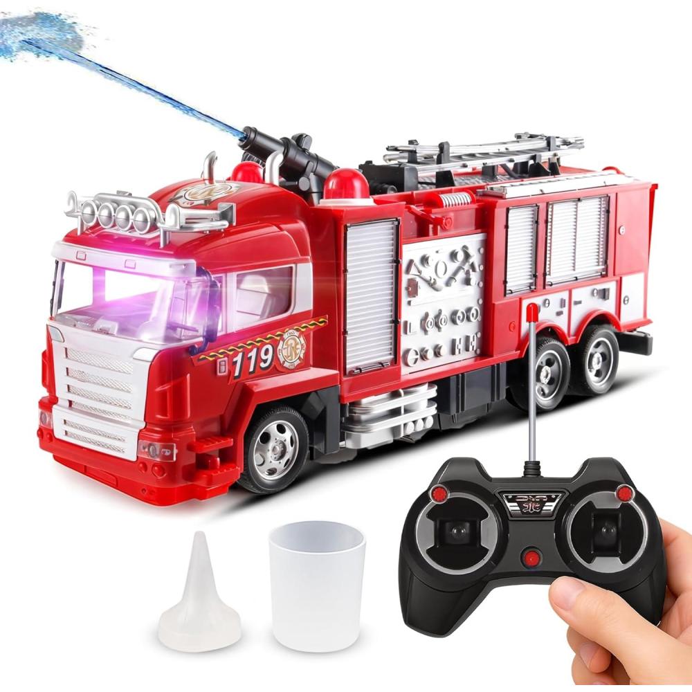 imageLiberty Imports RC Rescue Fire Engine Toy Truck Radio Control Electric RC Fire Truck with Lights Sound Working Water Cannon Pump Shoots and Squirts Water Toys for Kids