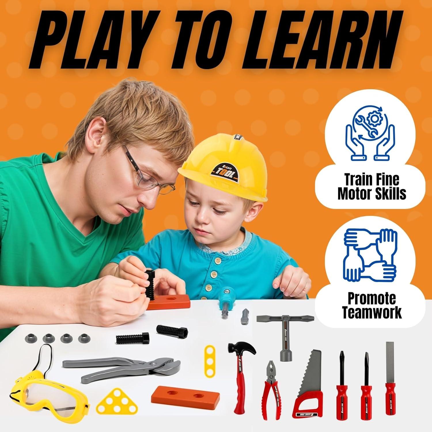 imageKids Handyman Tools Toy Set 52 PCS Mechanic Pretend Play Construction Playset with Hard Hat Nuts Bolts  Realistic Plastic Toddler Children Accessories for Workbench