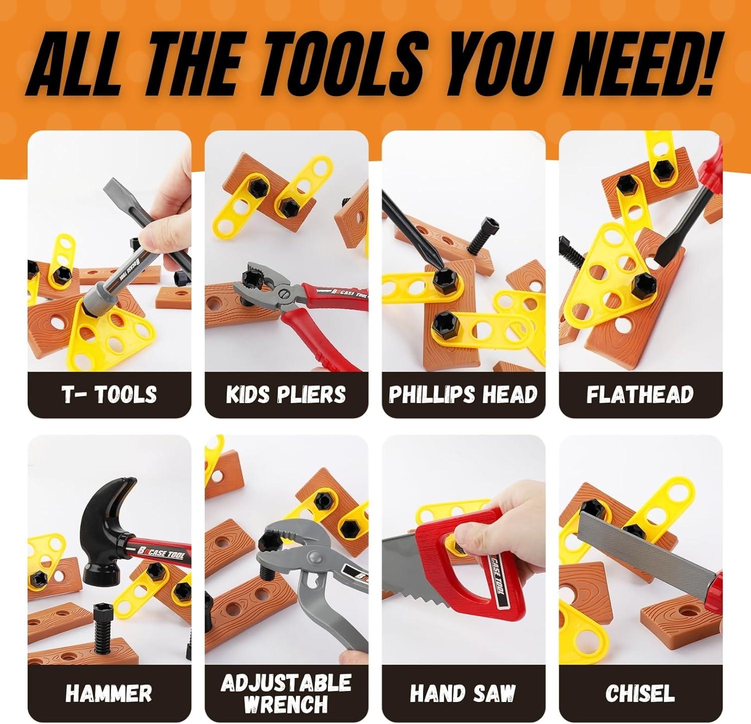 imageKids Handyman Tools Toy Set 52 PCS Mechanic Pretend Play Construction Playset with Hard Hat Nuts Bolts  Realistic Plastic Toddler Children Accessories for Workbench