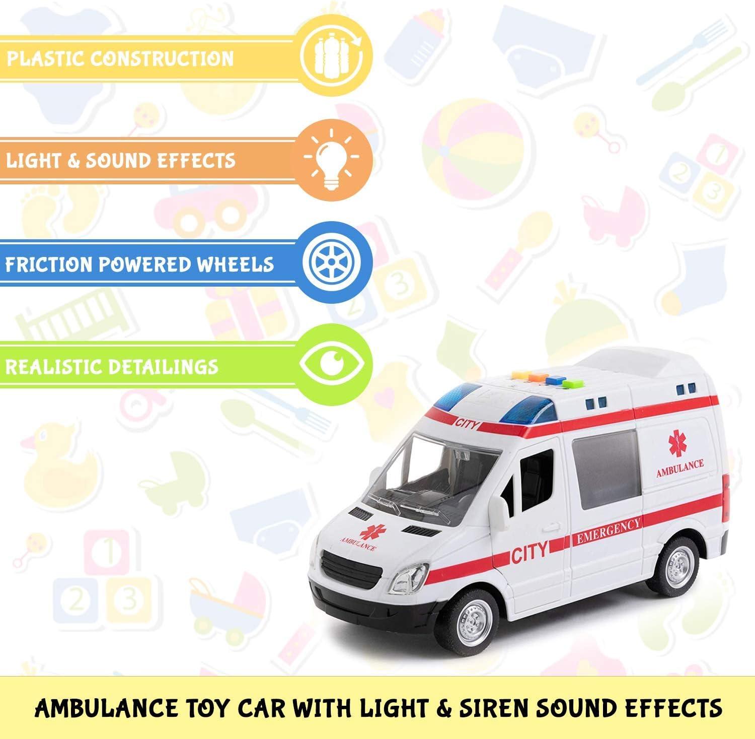 imageLiberty Imports Ambulance Toy Car with LED Lights ampamp Siren Sound Effects  Friction Powered Wheels Plastic Rescue Vehicle Toy for Kids ampamp Toddlers
