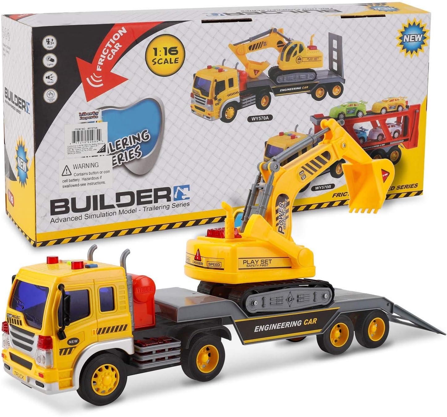 imageLiberty Imports Big Rig Tractor Trailer Low Boy Transport Flat Bed with Excavator Toy Trucks Combo Semi Truck with Lights and Sounds Flatbed Push and Go Construction Vehicle for Kids