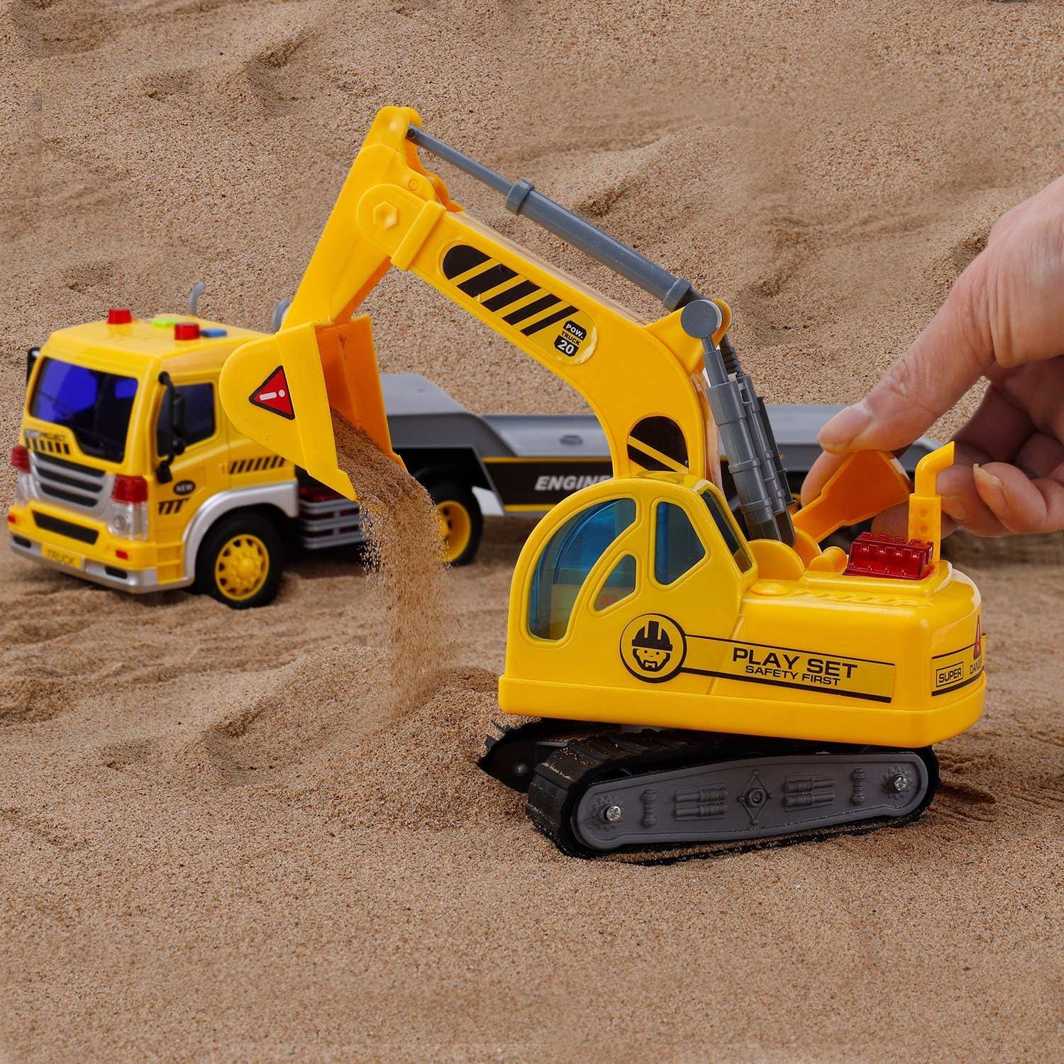 imageLiberty Imports Big Rig Tractor Trailer Low Boy Transport Flat Bed with Excavator Toy Trucks Combo Semi Truck with Lights and Sounds Flatbed Push and Go Construction Vehicle for Kids