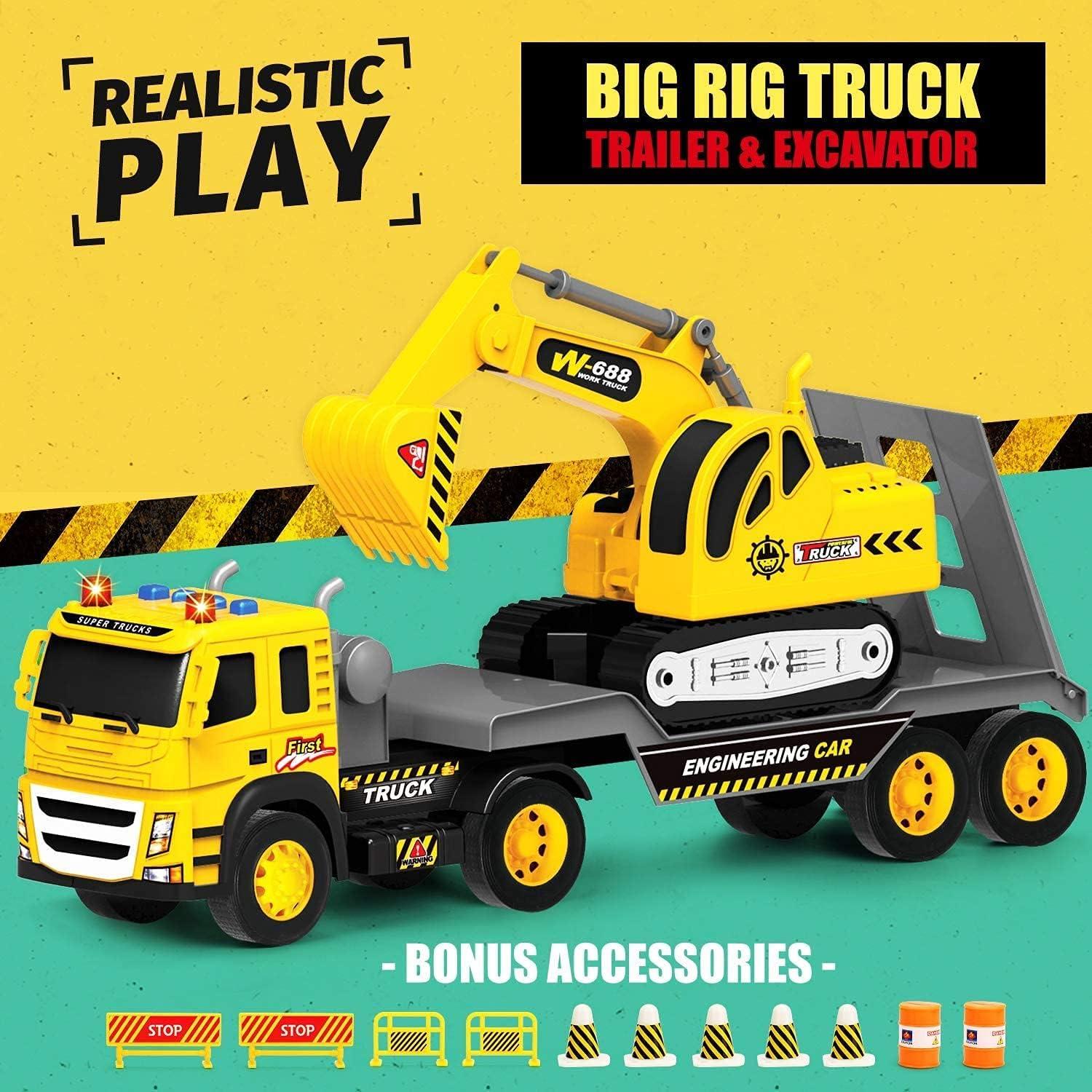 imageLiberty Imports Big Rig Tractor Trailer Low Boy Transport Flat Bed with Excavator Toy Trucks Combo Semi Truck with Lights and Sounds Flatbed Push and Go Construction Vehicle for Kids