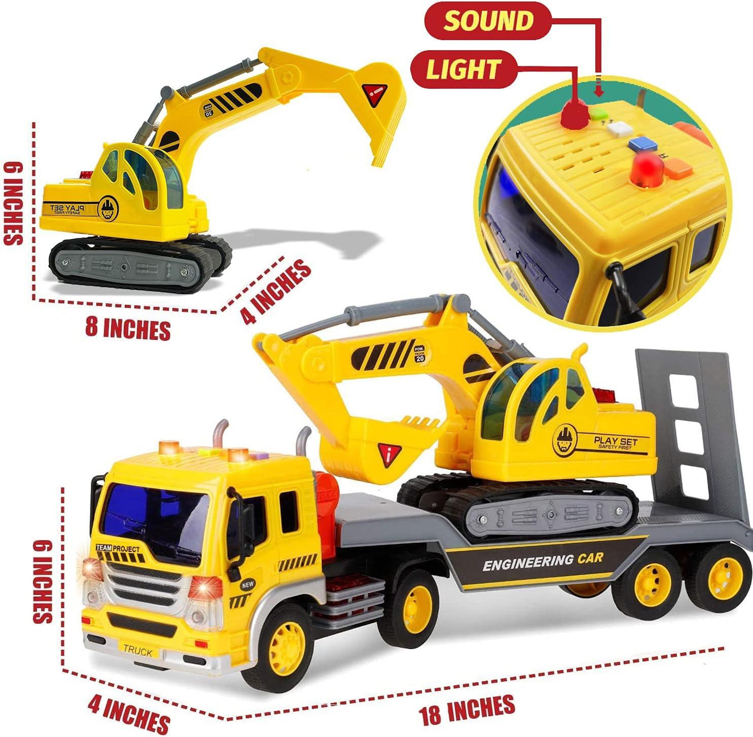 imageLiberty Imports Big Rig Tractor Trailer Low Boy Transport Flat Bed with Excavator Toy Trucks Combo Semi Truck with Lights and Sounds Flatbed Push and Go Construction Vehicle for Kids