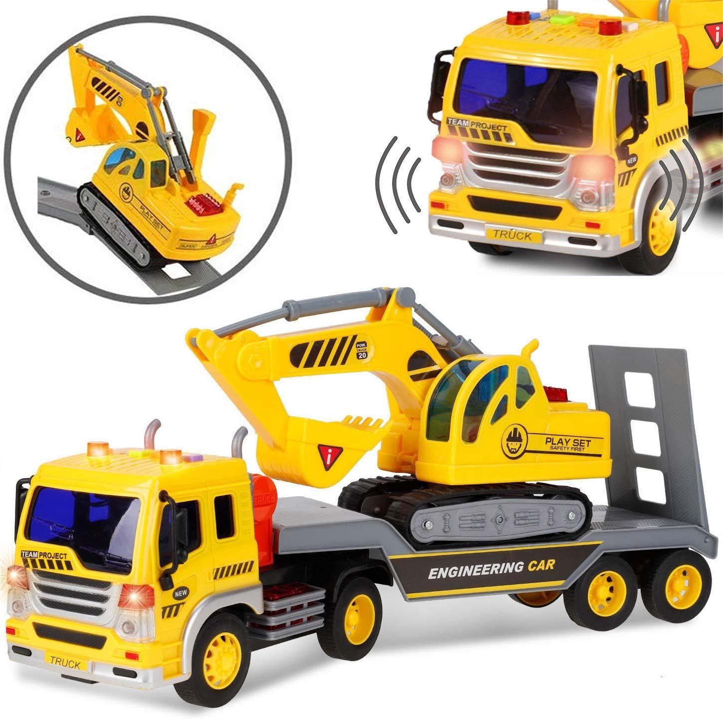imageLiberty Imports Big Rig Tractor Trailer Low Boy Transport Flat Bed with Excavator Toy Trucks Combo Semi Truck with Lights and Sounds Flatbed Push and Go Construction Vehicle for Kids