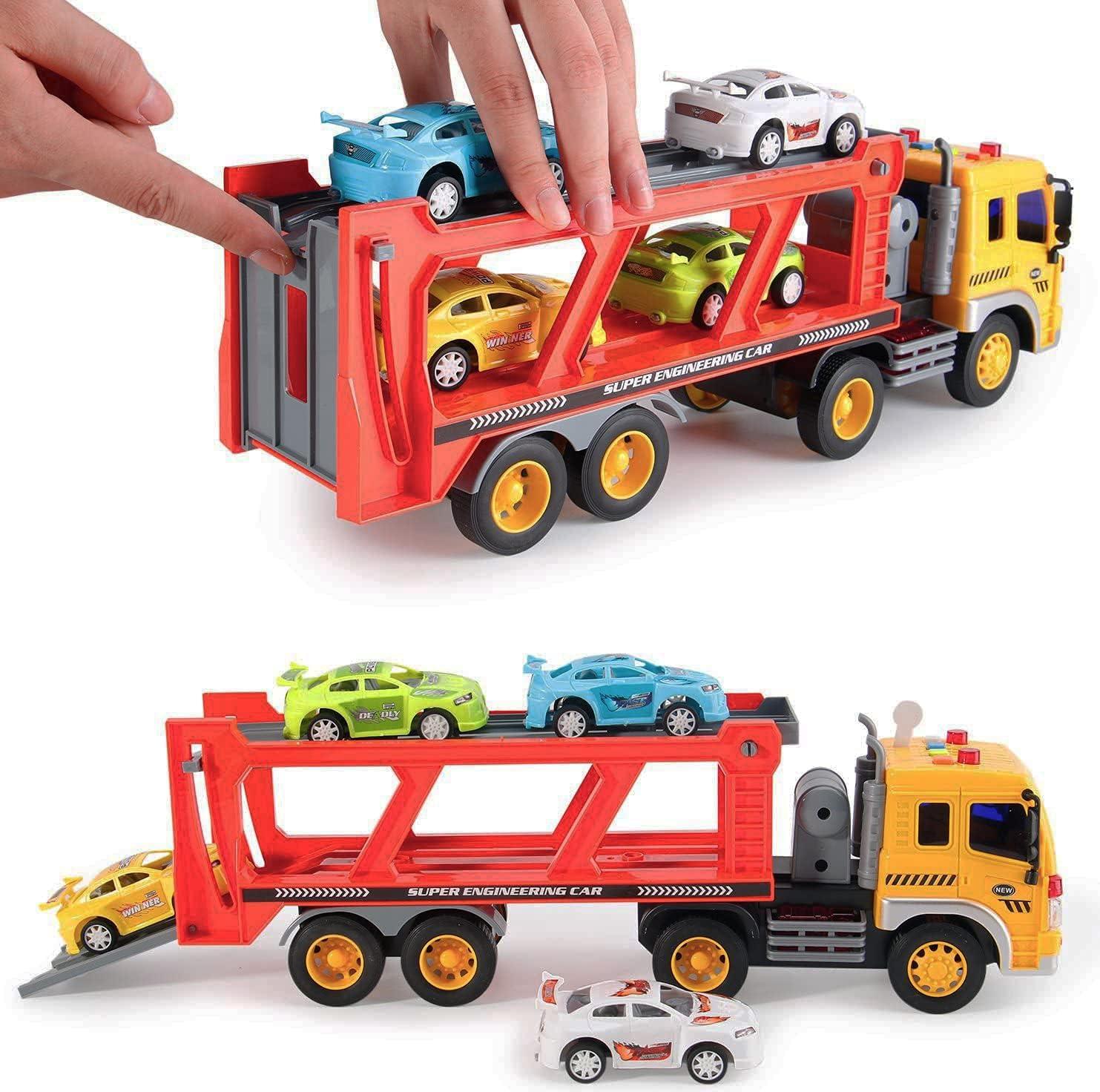imageLiberty Imports Friction Powered Transport Car Carrier Truck Kids Toy Heavy Duty Auto Transporter Trailer with Lights Sound Effects and Ramp Includes 4 Removable Cars