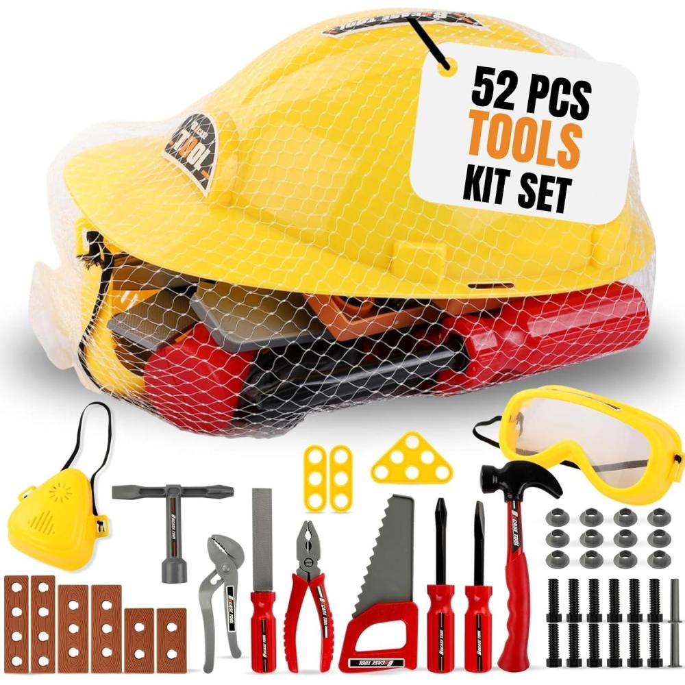 imageKids Handyman Tools Toy Set 52 PCS Mechanic Pretend Play Construction Playset with Hard Hat Nuts Bolts  Realistic Plastic Toddler Children Accessories for Workbench