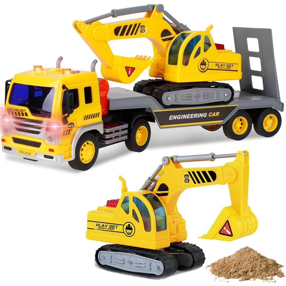 imageLiberty Imports Big Rig Tractor Trailer Low Boy Transport Flat Bed with Excavator Toy Trucks Combo Semi Truck with Lights and Sounds Flatbed Push and Go Construction Vehicle for Kids