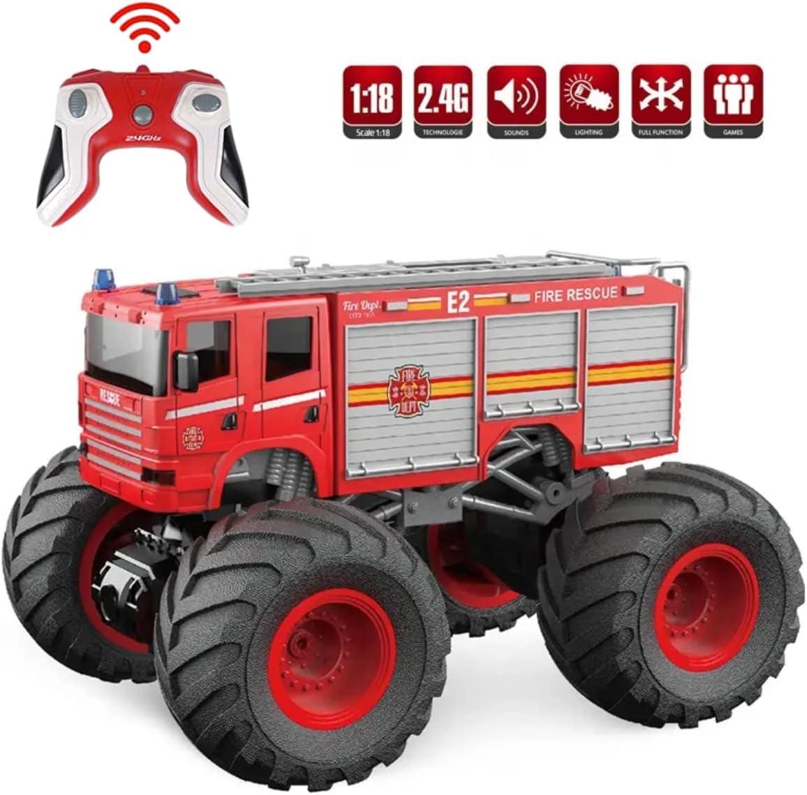 imageRemote Control Monster Truck 118 Scale RC Fire Truck 24GHz Big Wheel School Bus with Lights Sounds Rechargeable Electric Toy Stunt Jam Car for Kids Boys Girls School BusFire Truck