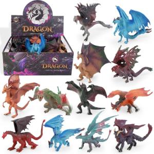 12 Pcs Dragon Toy Figures, 5″ Large Realistic Hand Painted Mythical Figurines, Assorted Designs for Kids Party Favors & Cake Toppers