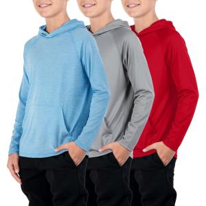 Liberty Imports 3-Pack Youth Boys Teen Dry-Fit Hoodies Long Sleeve Athletic Pullover Sweatshirts Lightweight Activewear(Red/Light Blue/Light Gray)
