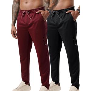 Liberty Pro 2 Pack: Men’s Joggers for Shorter Men – 29″ Inseam Sweatpants with Zip Pockets, Regular Fit Tapered Workout Pants(Maroon/Black)