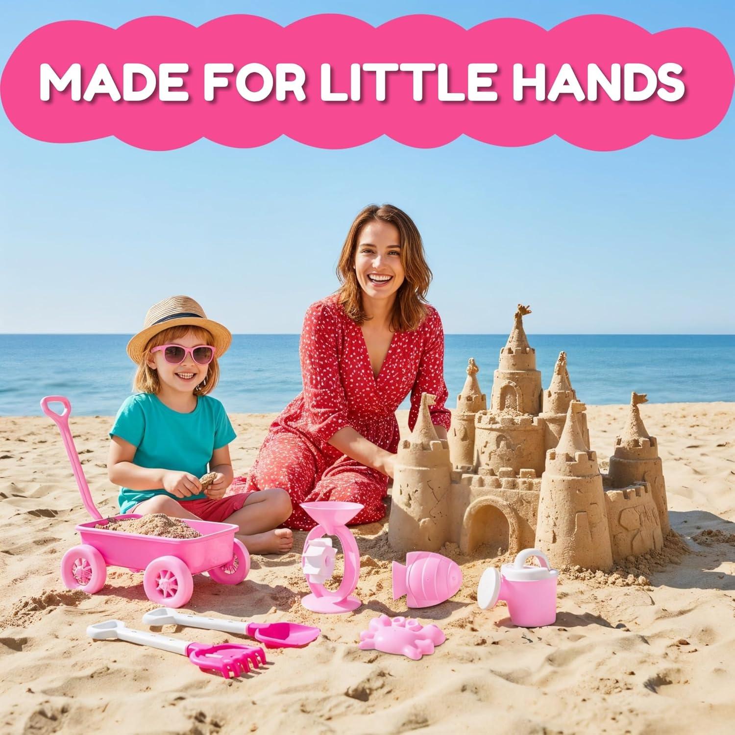 imageLiberty Imports 14 PCS Pink Princess Beach Wagon Plastic Toy Playset for Kids with Castle Molds Sand Wheel Water Pail Play Tools and Featured Molds