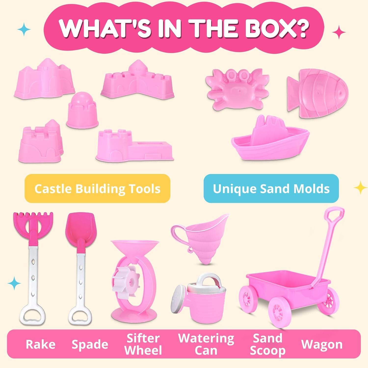 imageLiberty Imports 14 PCS Pink Princess Beach Wagon Plastic Toy Playset for Kids with Castle Molds Sand Wheel Water Pail Play Tools and Featured Molds