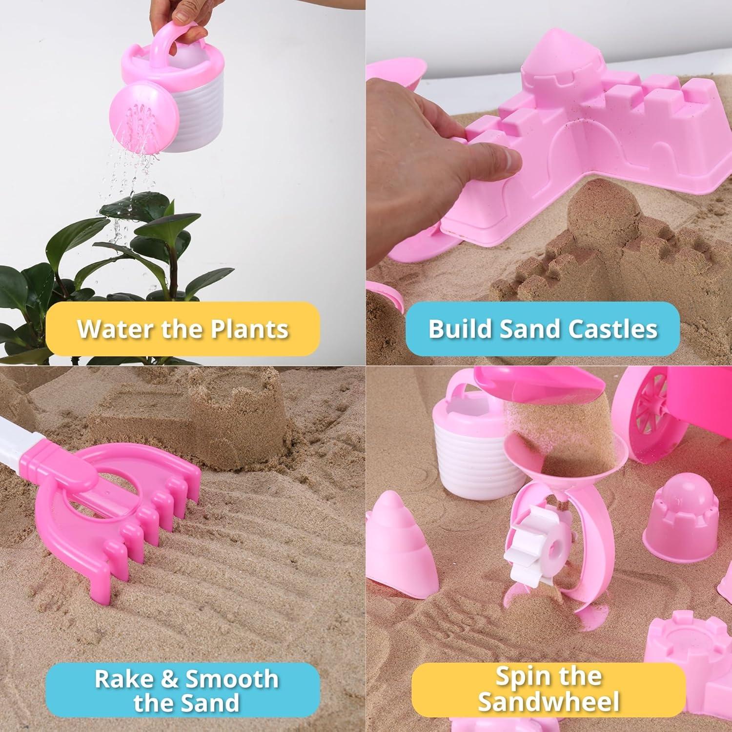 imageLiberty Imports 14 PCS Pink Princess Beach Wagon Plastic Toy Playset for Kids with Castle Molds Sand Wheel Water Pail Play Tools and Featured Molds