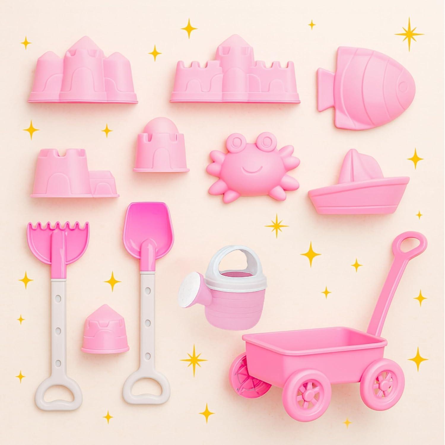 imageLiberty Imports 14 PCS Pink Princess Beach Wagon Plastic Toy Playset for Kids with Castle Molds Sand Wheel Water Pail Play Tools and Featured Molds