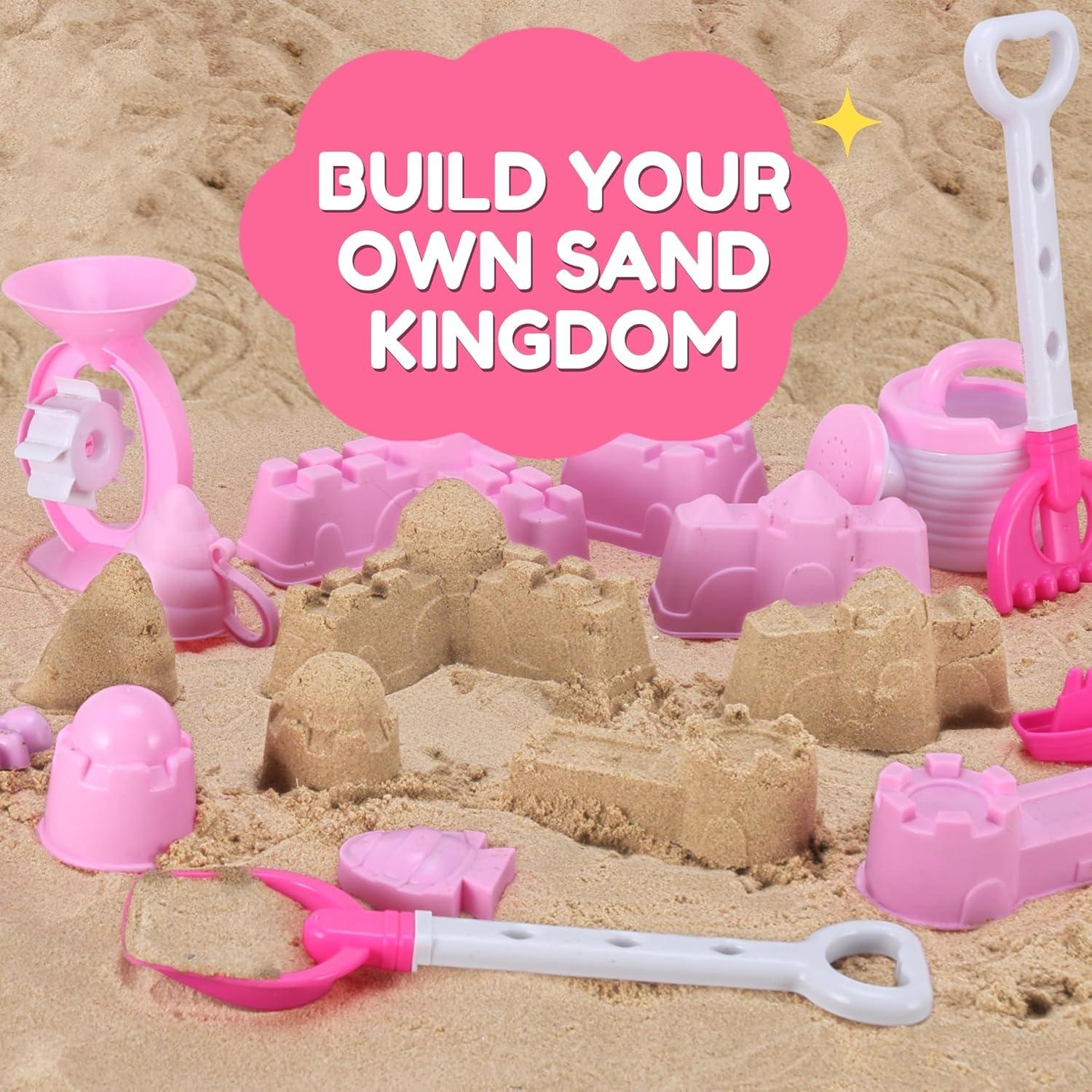 imageLiberty Imports 14 PCS Pink Princess Beach Wagon Plastic Toy Playset for Kids with Castle Molds Sand Wheel Water Pail Play Tools and Featured Molds