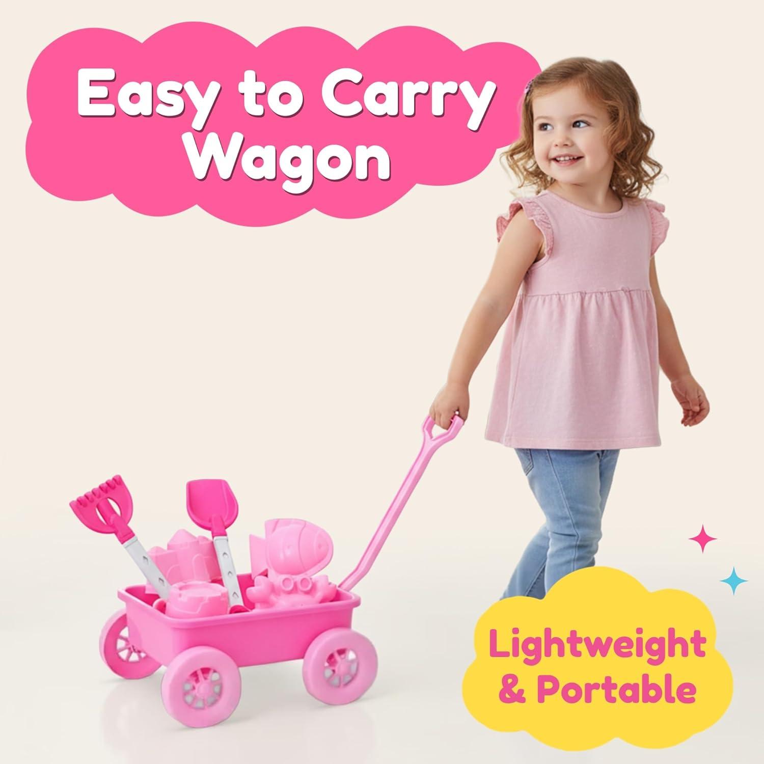 imageLiberty Imports 14 PCS Pink Princess Beach Wagon Plastic Toy Playset for Kids with Castle Molds Sand Wheel Water Pail Play Tools and Featured Molds