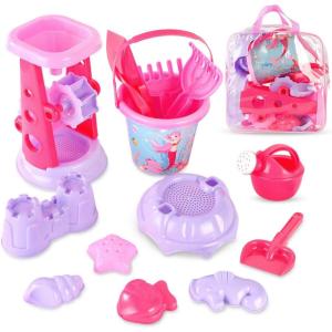 13-Piece Pink Princess Beach Sand Toy Set for Girls – Sand Playset with Sand Wheel, Mermaid Bucket, Water Pot, Shovels, Rakes, Molds & Zippered Storage Bag for Beach, Sandbox & Outdoor Play