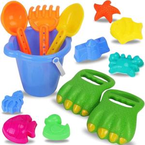 Liberty Imports 13 PCS Beach Sand Toys, Dinosaur Claw Hand Scoop Play Set with Bucket, Shovel Tools, Animal and Castle Sand Molds – Beach Sandbox Toys for Toddlers & Kids