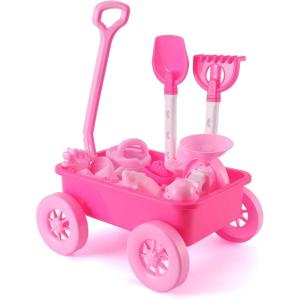 Liberty Imports 14 PCS Pink Princess Beach Wagon Plastic Toy Playset for Kids with Castle Molds, Sand Wheel, Water Pail, Play Tools and Featured Molds