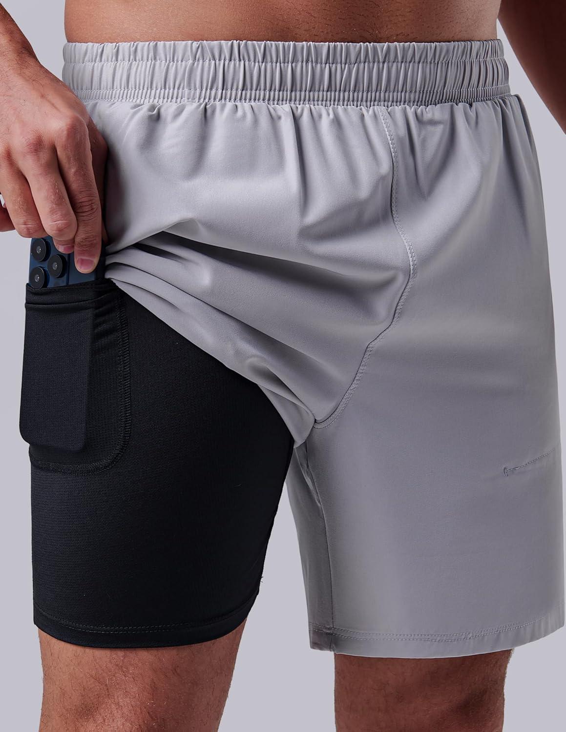 image:image3 Pack Mens 7 Running Shorts with Compression Liner Pockets Athletic 2 in 1 Shorts for Workout Gym Quick DrySet 2