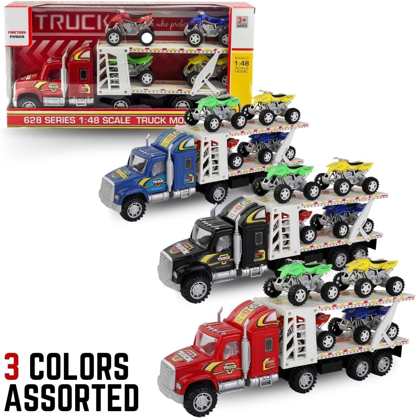 image:imageLiberty Imports Auto Hauler Big Rig Toy Semi Truck Car Carrier Transporter Trailer 148 Scale Friction Powered Wheeler Vehicle with 4 ATVs Dirt Bike Assorted Colors