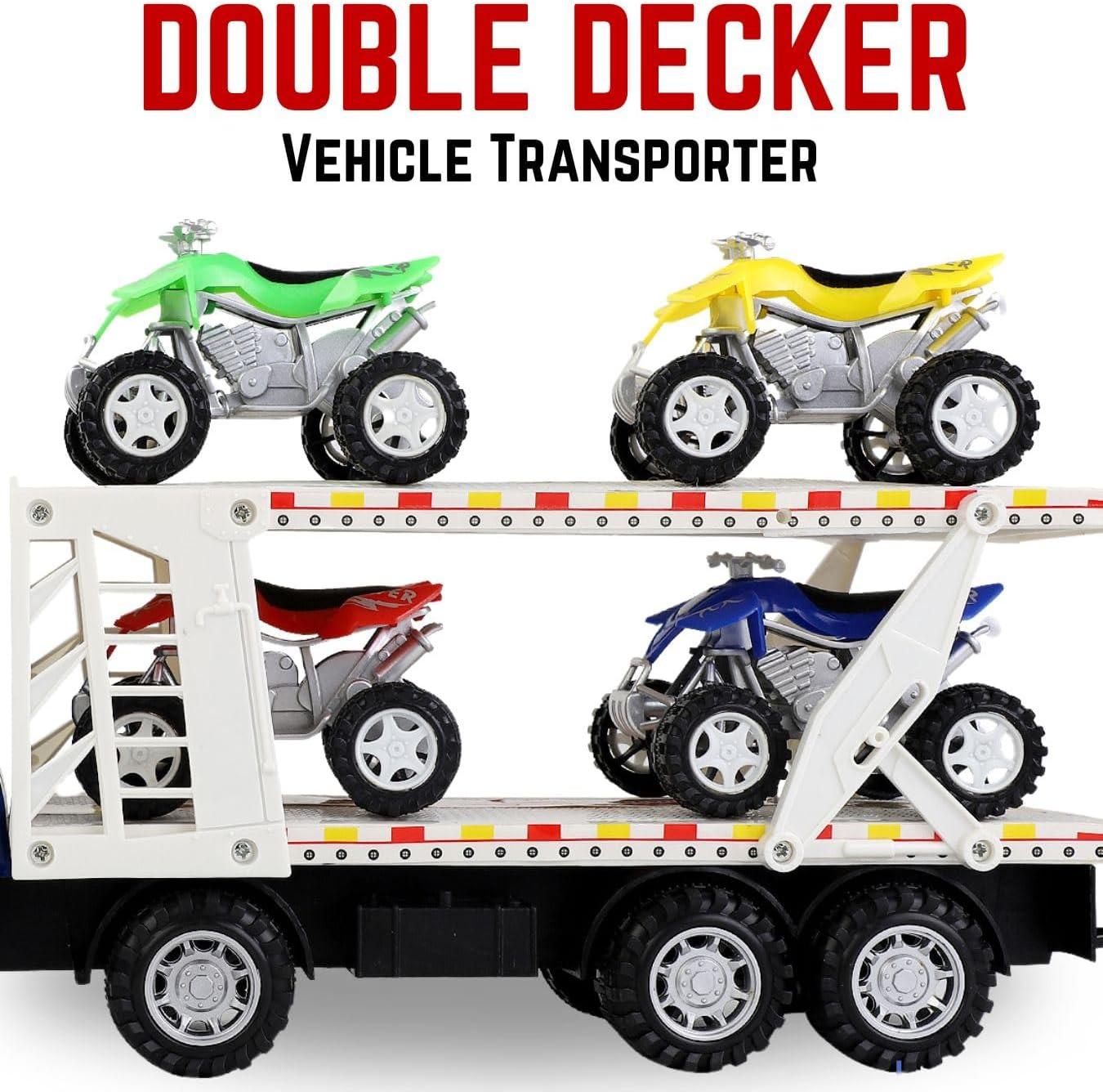 image:imageLiberty Imports Auto Hauler Big Rig Toy Semi Truck Car Carrier Transporter Trailer 148 Scale Friction Powered Wheeler Vehicle with 4 ATVs Dirt Bike Assorted Colors