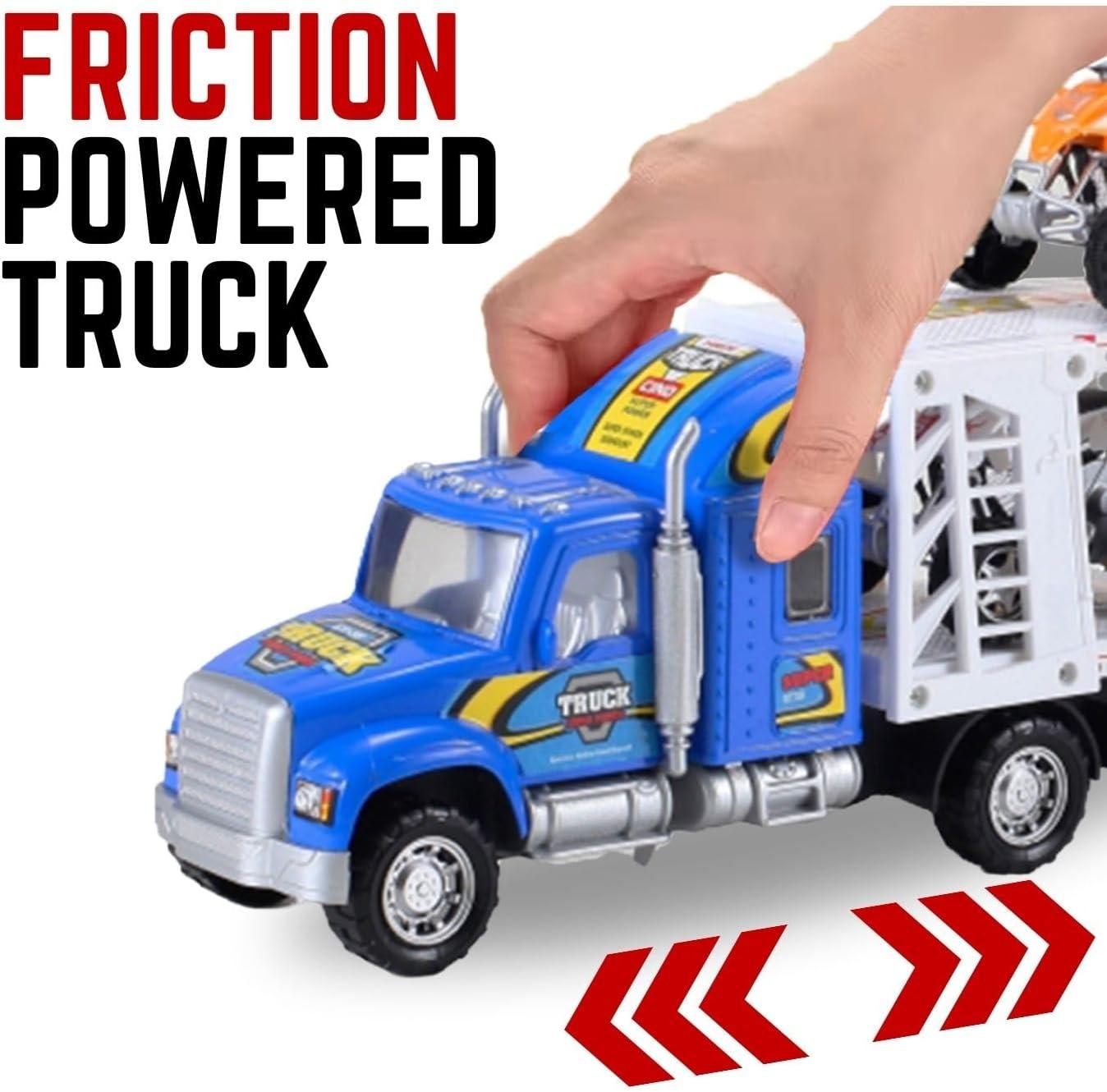 image:imageLiberty Imports Auto Hauler Big Rig Toy Semi Truck Car Carrier Transporter Trailer 148 Scale Friction Powered Wheeler Vehicle with 4 ATVs Dirt Bike Assorted Colors
