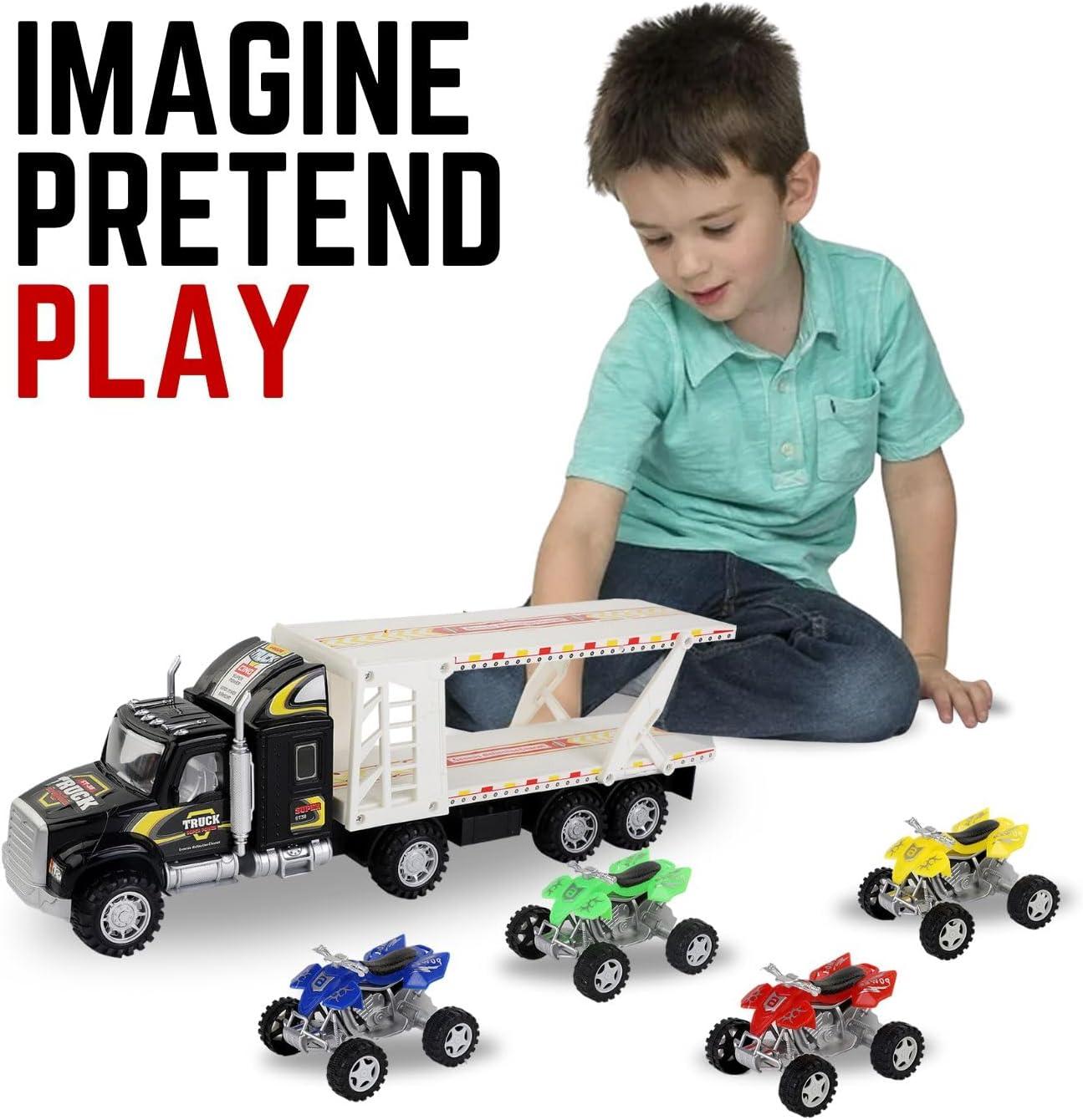 image:imageLiberty Imports Auto Hauler Big Rig Toy Semi Truck Car Carrier Transporter Trailer 148 Scale Friction Powered Wheeler Vehicle with 4 ATVs Dirt Bike Assorted Colors