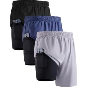 3 Pack: Men’s 7″ Running Shorts with Compression Liner Pockets, Athletic 2 in 1 Shorts for Workout Gym Quick Dry(Set 2)