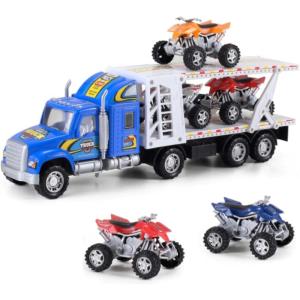 Liberty Imports Auto Hauler Big Rig Toy Semi Truck Car Carrier Transporter Trailer 1:48 Scale Friction Powered Wheeler Vehicle with 4 ATVs Dirt Bike (Assorted Colors)