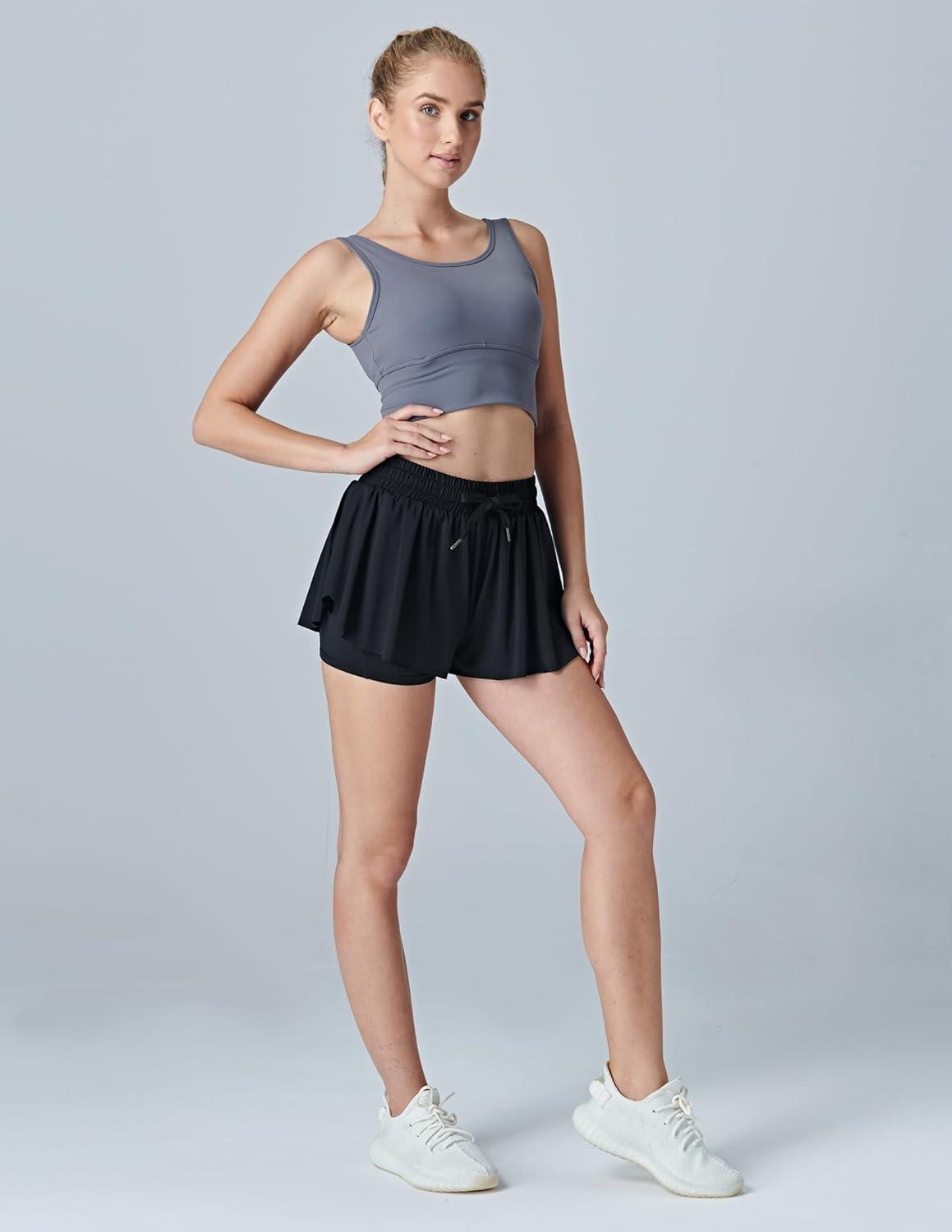 image:image3 Pack Womens Flowy Athletic Shorts 2in1 Butterfly Running Shorts with Builtin Spandex Liner Casual Workout GymBlack
