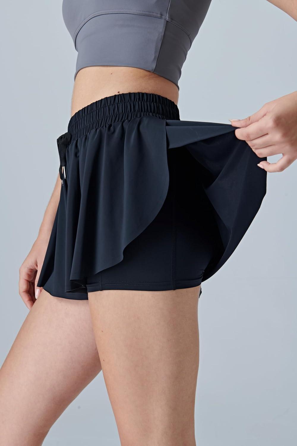 image:image3 Pack Womens Flowy Athletic Shorts 2in1 Butterfly Running Shorts with Builtin Spandex Liner Casual Workout GymBlack