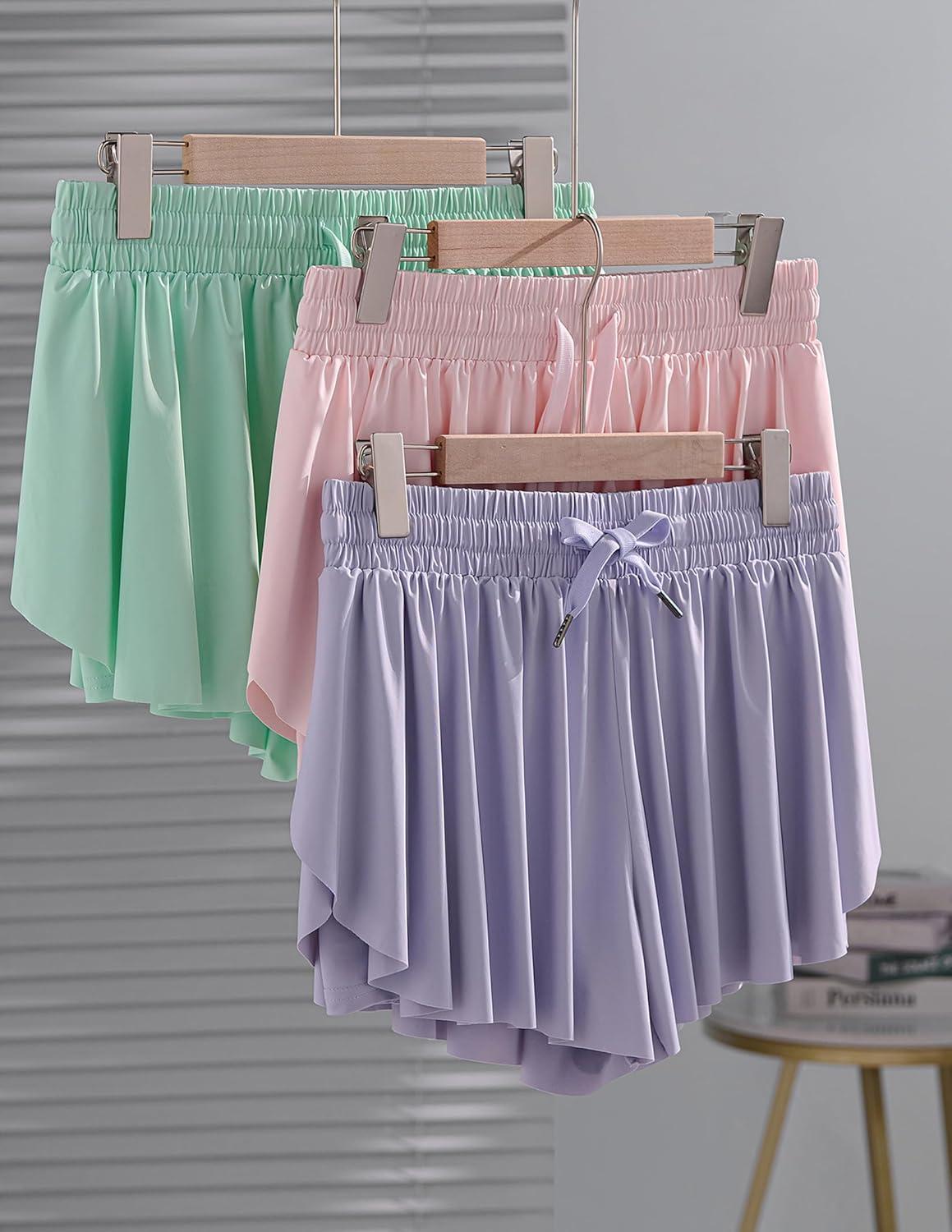 image:image3 Pack Womens Flowy Athletic Shorts 2in1 Butterfly Running Shorts with Builtin Spandex Liner Casual Workout GymBlushMintLavender