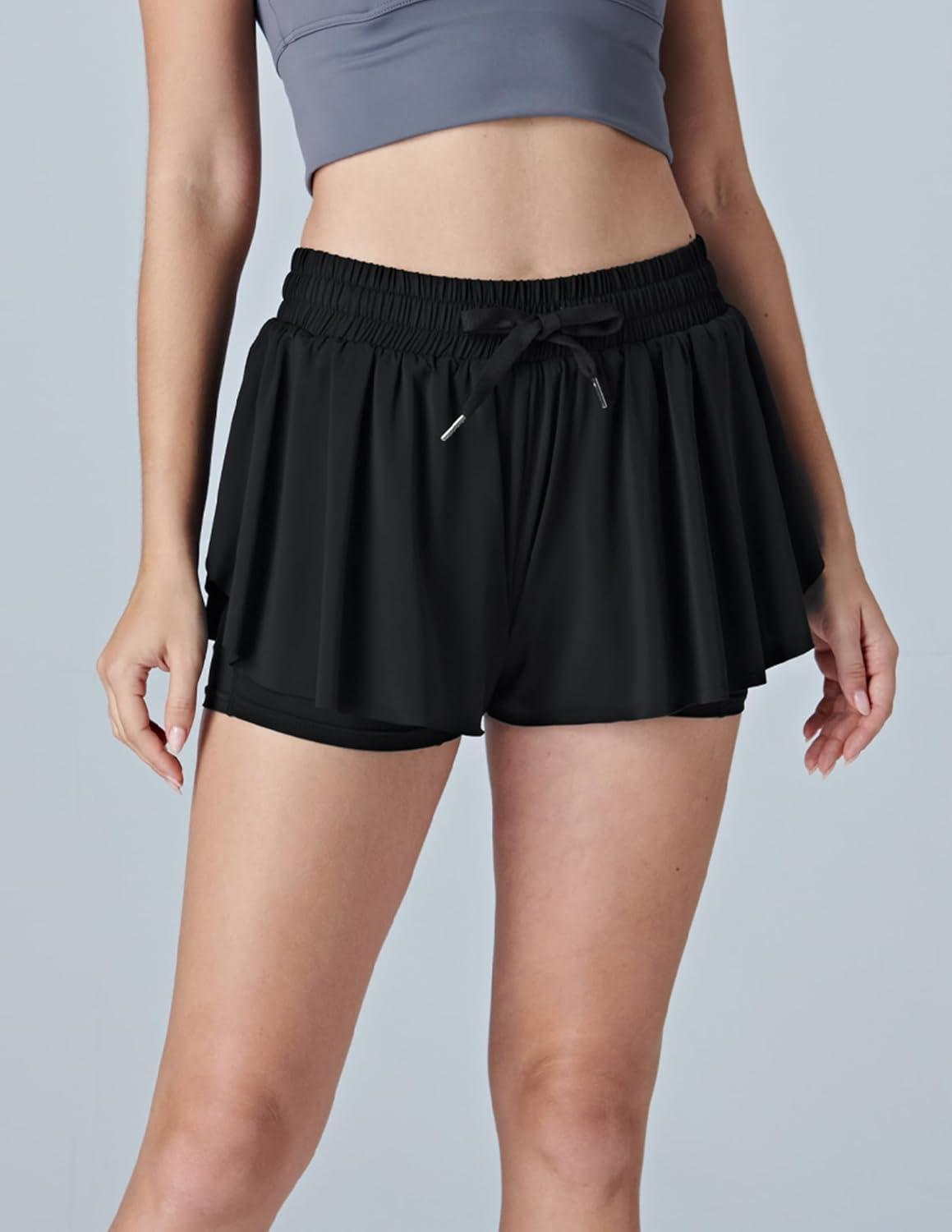 image:image3 Pack Womens Flowy Athletic Shorts 2in1 Butterfly Running Shorts with Builtin Spandex Liner Casual Workout GymPinkLavenderBlack