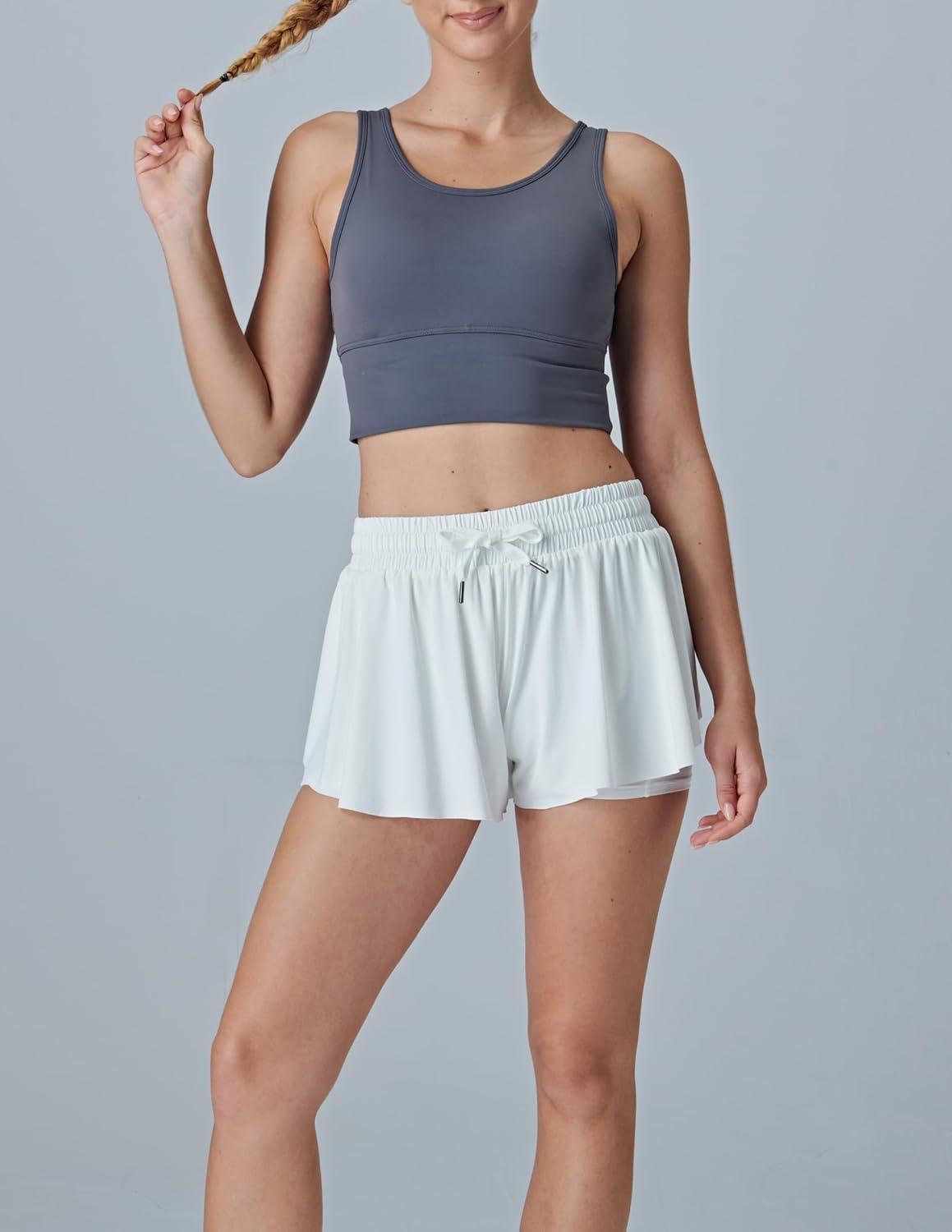 image:image3 Pack Womens Flowy Athletic Shorts 2in1 Butterfly Running Shorts with Builtin Spandex Liner Casual Workout GymWhite