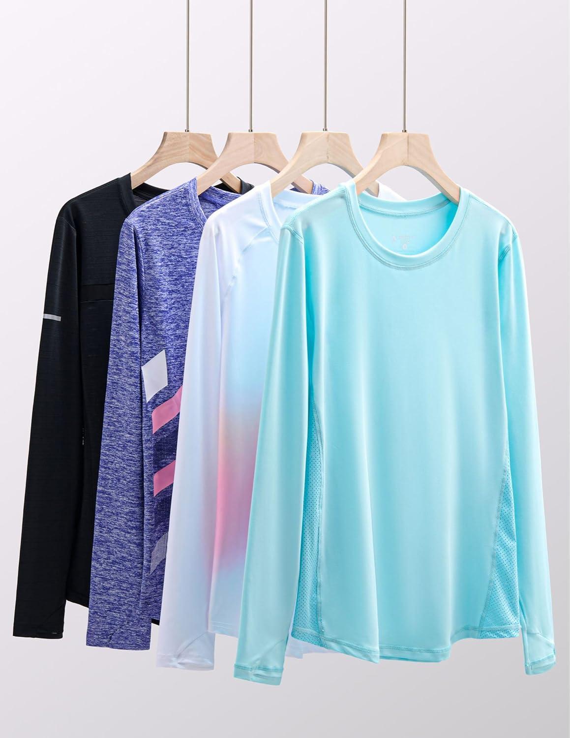 image:image4Pack Womens Long Sleeve Athletic Tops with Thumb Holes Dry Fit Active Crewneck Workout TeesBlack Purple Turquoise Pink Gradient