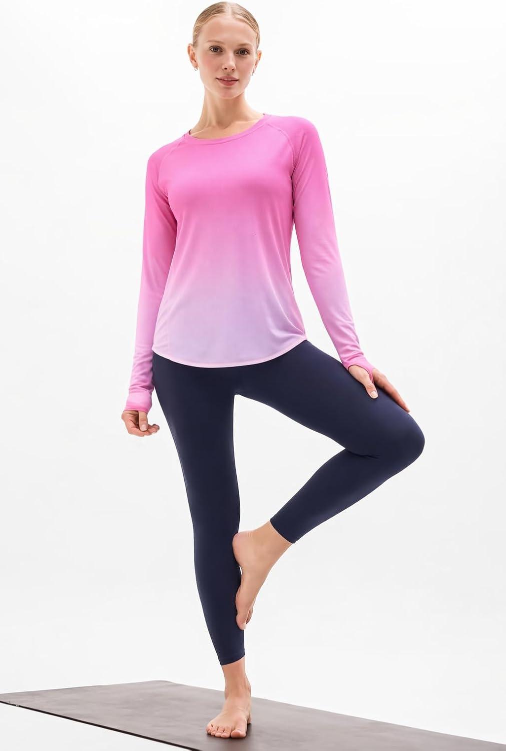 image:image4Pack Womens Long Sleeve Athletic Tops with Thumb Holes Dry Fit Active Crewneck Workout TeesLavender Pink Ombre Navy Stripe Black Heather
