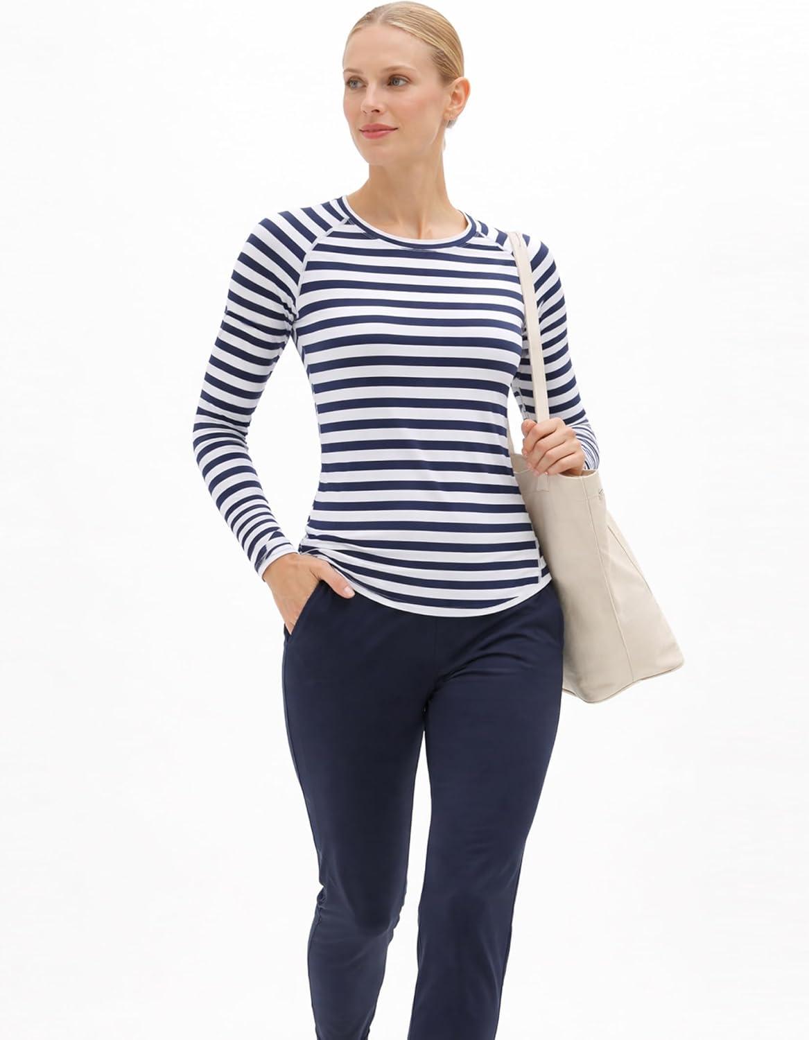 image:image4Pack Womens Long Sleeve Athletic Tops with Thumb Holes Dry Fit Active Crewneck Workout TeesLavender Pink Ombre Navy Stripe Black Heather