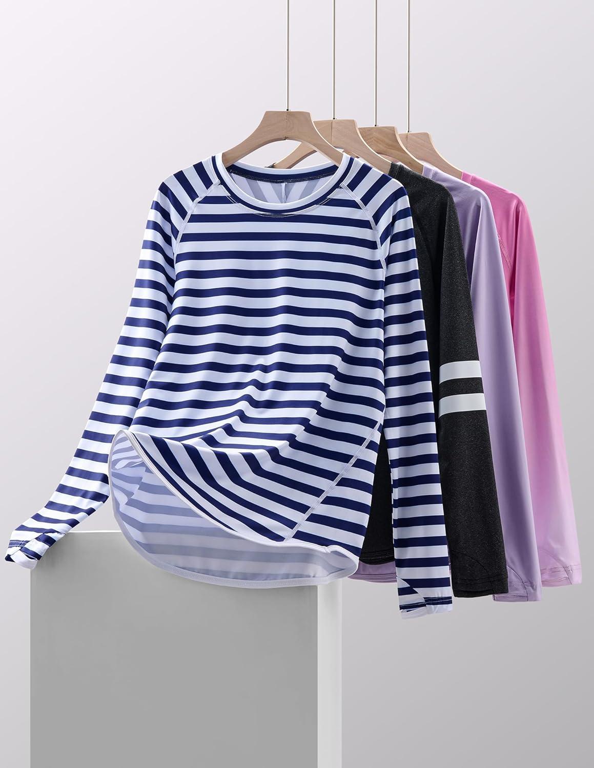 image:image4Pack Womens Long Sleeve Athletic Tops with Thumb Holes Dry Fit Active Crewneck Workout TeesLavender Pink Ombre Navy Stripe Black Heather