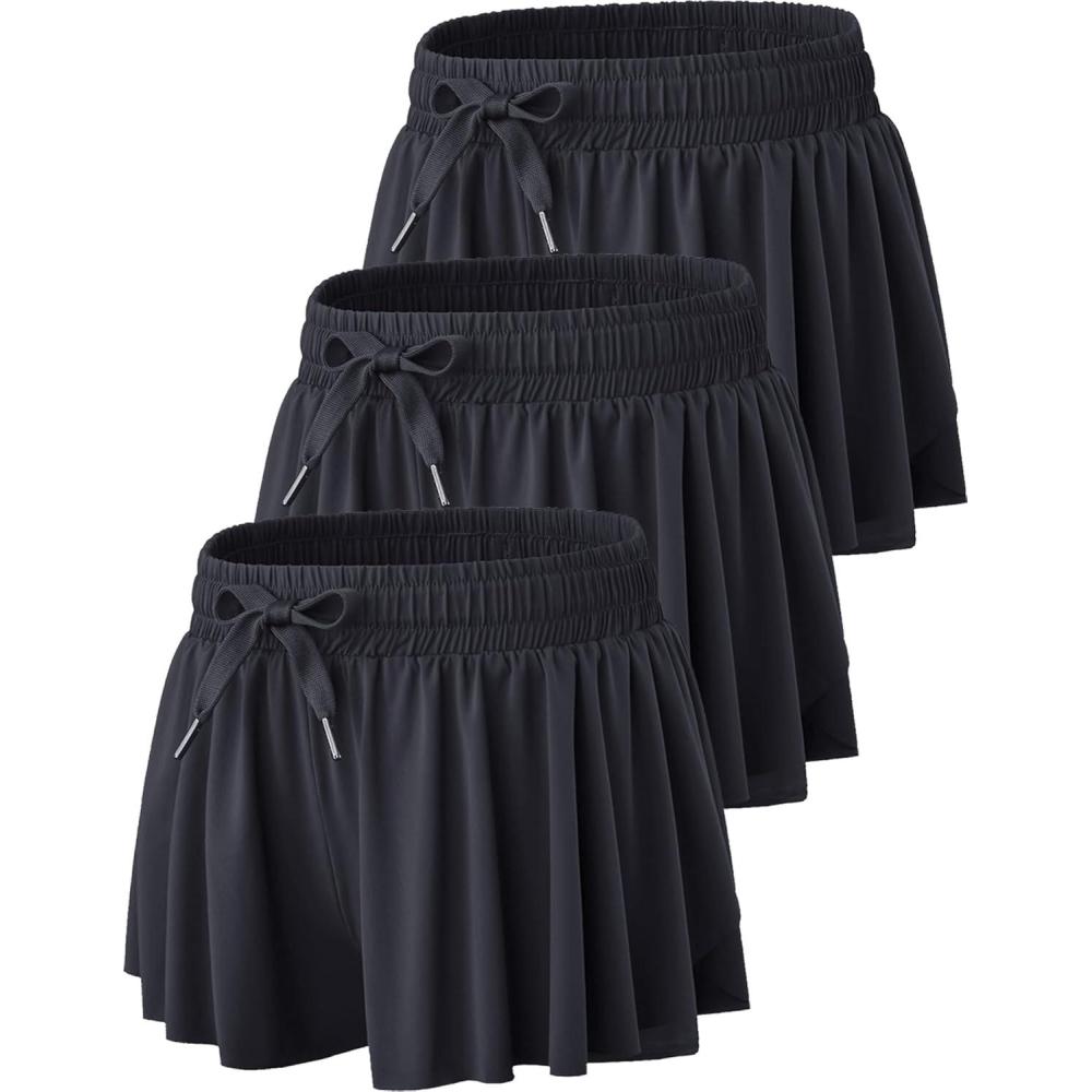 image:image3 Pack Womens Flowy Athletic Shorts 2in1 Butterfly Running Shorts with Builtin Spandex Liner Casual Workout GymBlack
