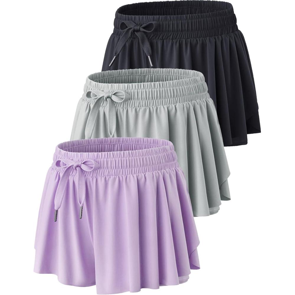 image:image3 Pack Womens Flowy Athletic Shorts 2in1 Butterfly Running Shorts with Builtin Spandex Liner Casual Workout GymBlackGrayLight Lavender