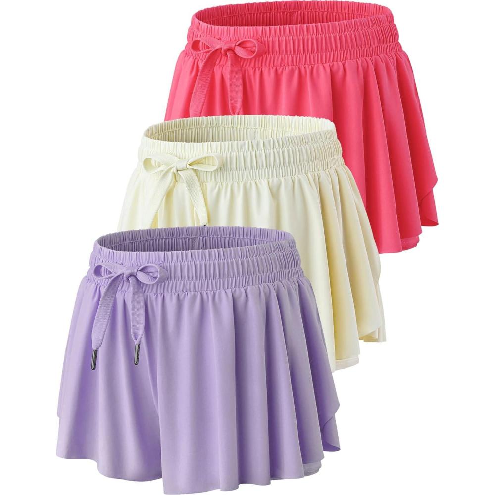 image:image3 Pack Womens Flowy Athletic Shorts 2in1 Butterfly Running Shorts with Builtin Spandex Liner Casual Workout GymCreamLavenderHot Pink