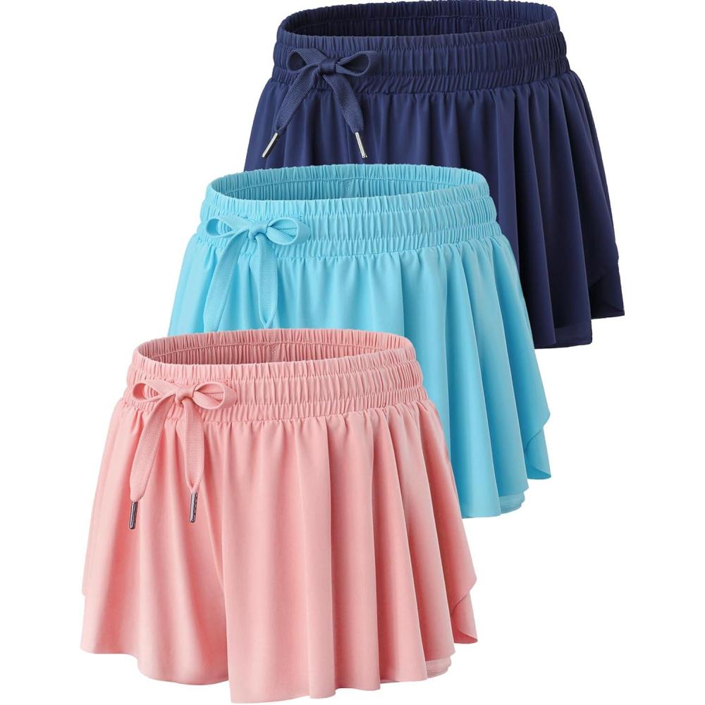 image:image3 Pack Womens Flowy Athletic Shorts 2in1 Butterfly Running Shorts with Builtin Spandex Liner Casual Workout GymNavyPeachy PinkLight Blue