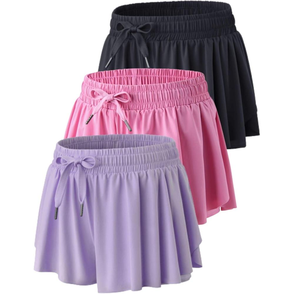 image:image3 Pack Womens Flowy Athletic Shorts 2in1 Butterfly Running Shorts with Builtin Spandex Liner Casual Workout GymPinkLavenderBlack