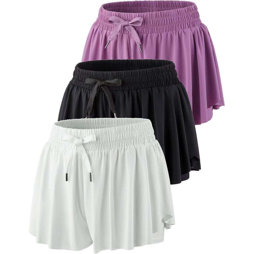 image:image3 Pack Womens Flowy Athletic Shorts 2in1 Butterfly Running Shorts with Builtin Spandex Liner Casual Workout GymWhiteBlackPurple
