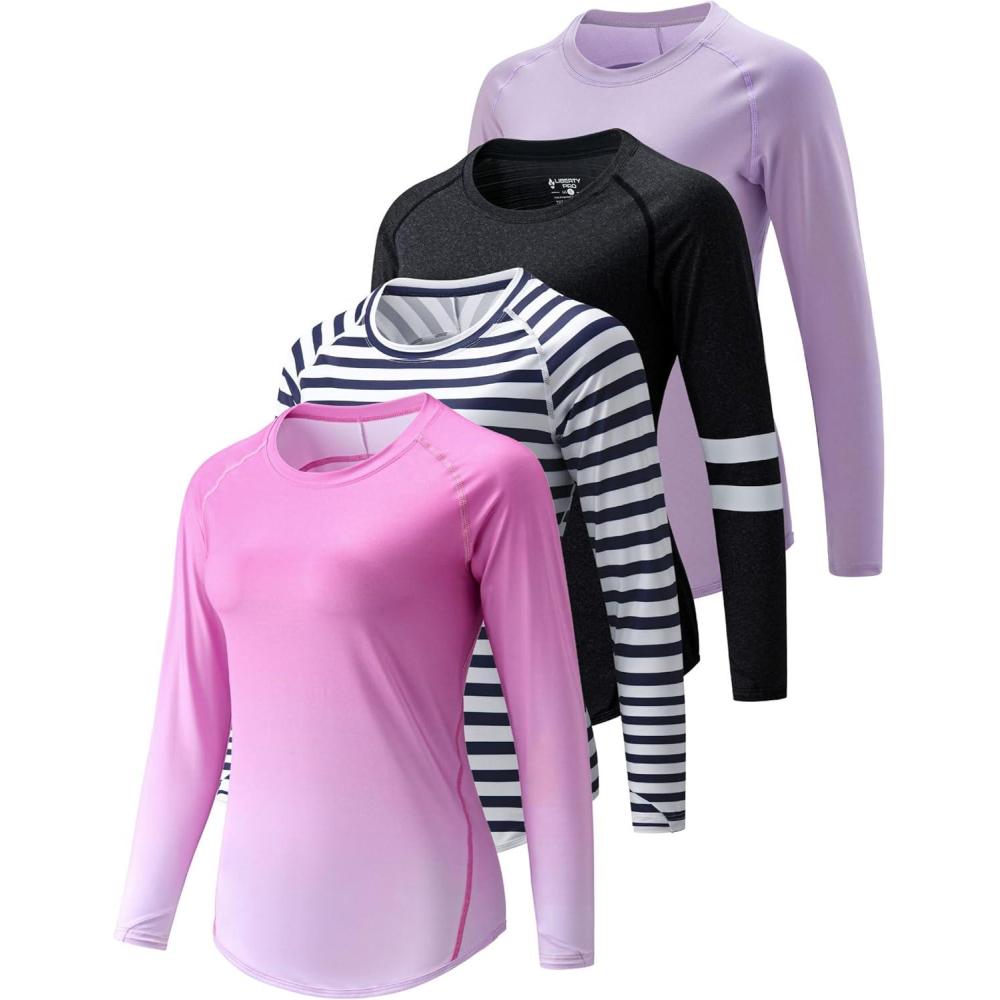image:image4Pack Womens Long Sleeve Athletic Tops with Thumb Holes Dry Fit Active Crewneck Workout TeesLavender Pink Ombre Navy Stripe Black Heather