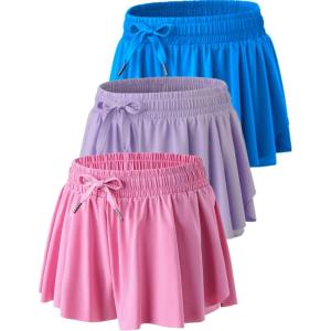 3 Pack Women’s Flowy Athletic Shorts – 2-in-1 Butterfly Running Shorts with Built-in Spandex Liner, Casual Workout Gym(Blue/Pink/Lavender)
